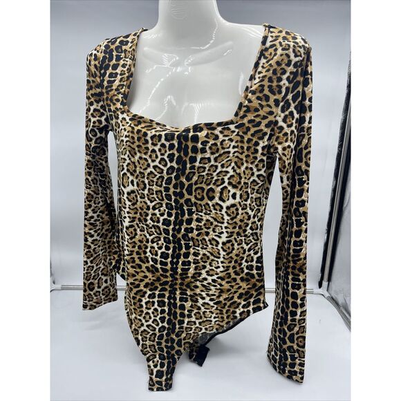MANGOPOP Women's Medium‎ Long Sleeve Bodysuit  Square Neck Cheetah Print NWOT - Picture 1 of 4